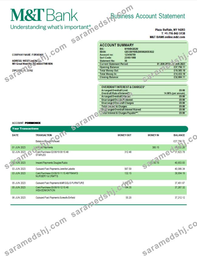 M&T Bank company statement Word and PDF template